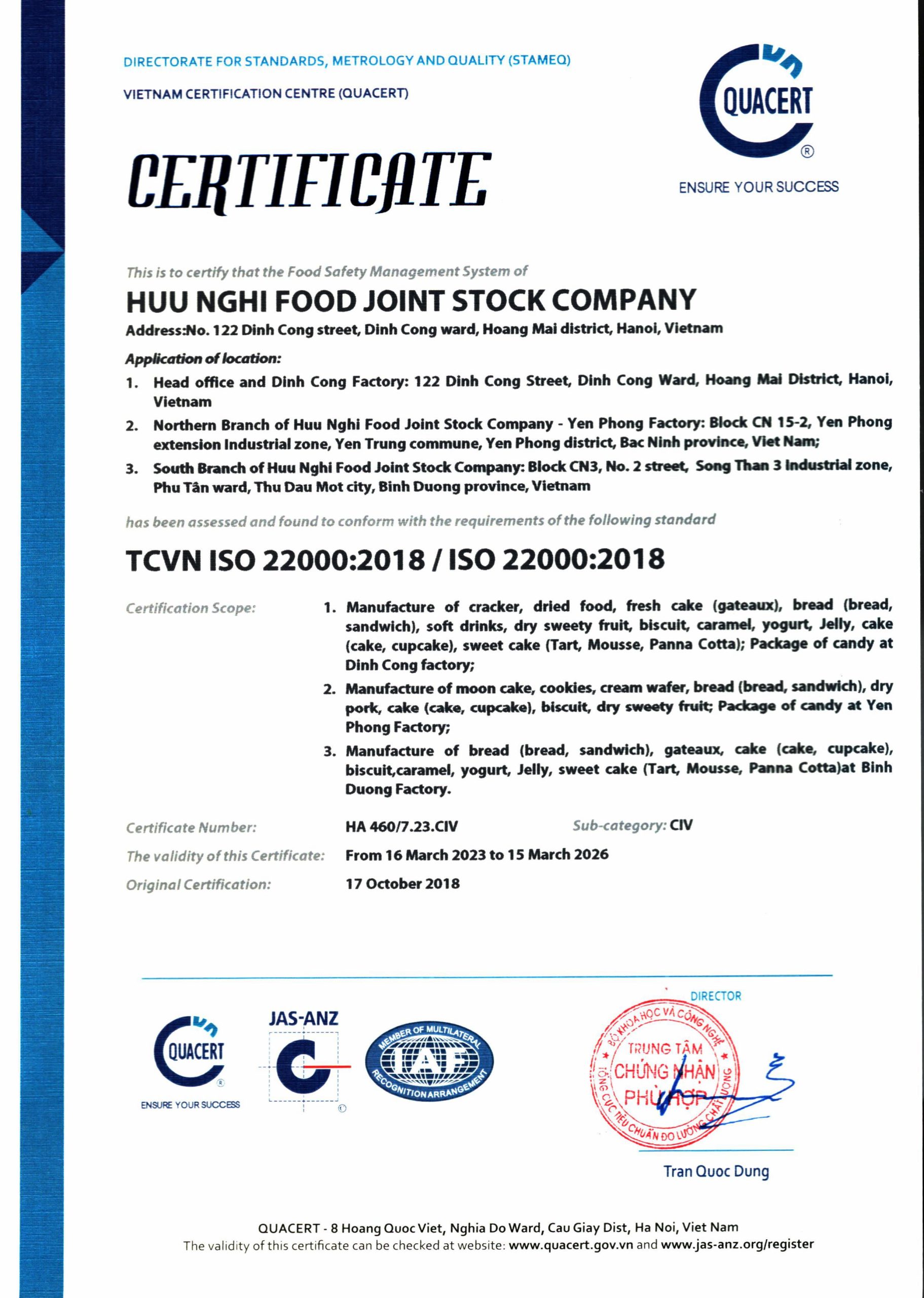 Chứng nhận ISO 22000.2018 Hữu Nghị Eng